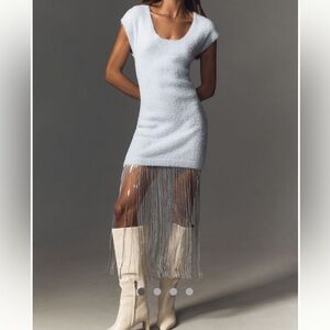 Anthropologie Dress Sweater Fringe Trim Blue Size Medium